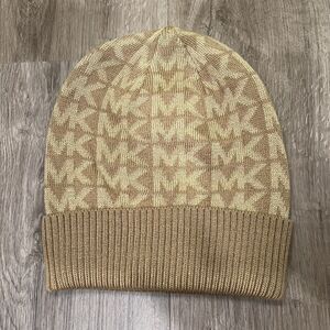 Michael Kors Unisex Cuffed Camel Gold Metallic Beanie Signature Logo Hat OSFM